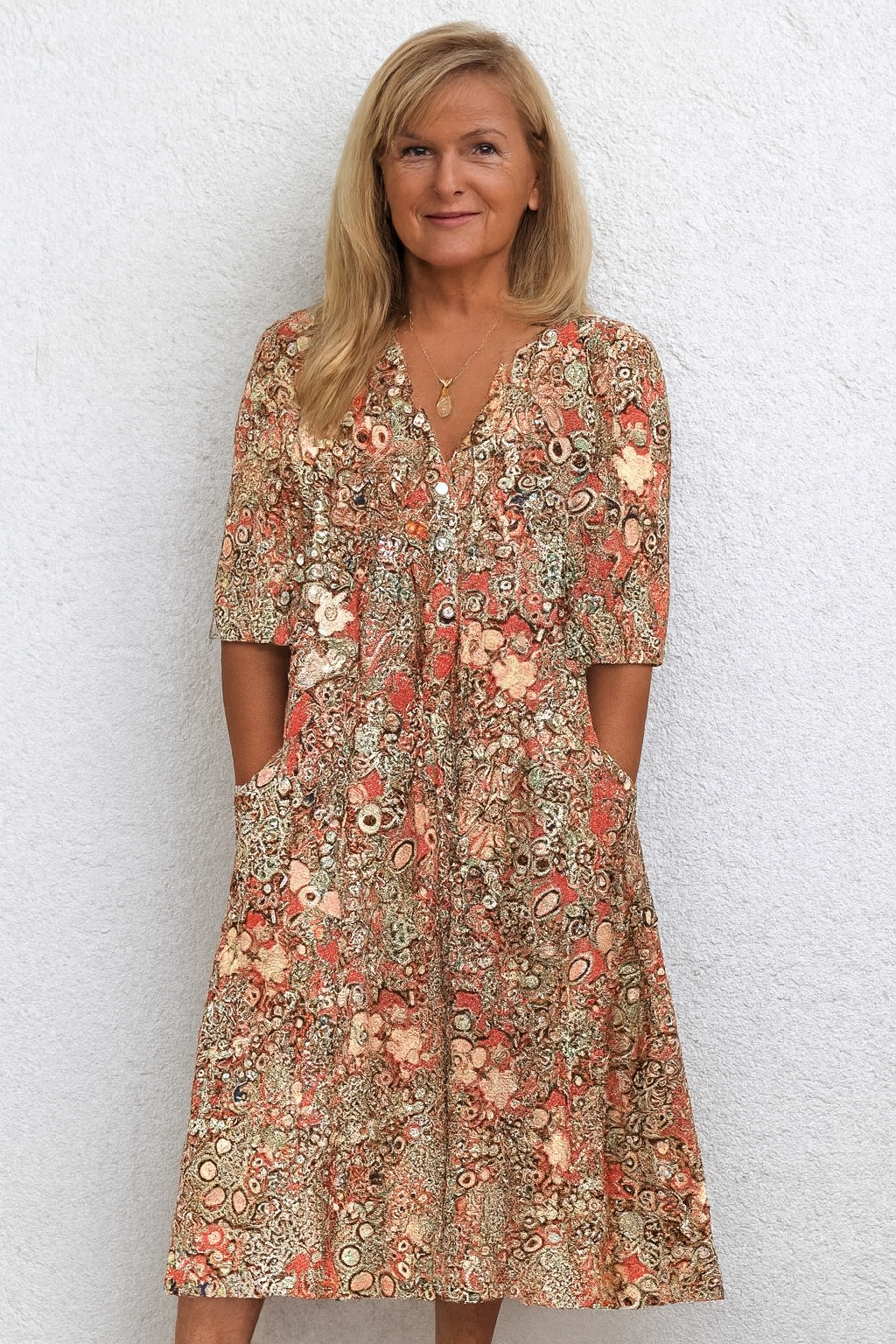 Split V-Neck Abstract Floral Print Half Sleeve Pocket A-Line Midi Dress 3