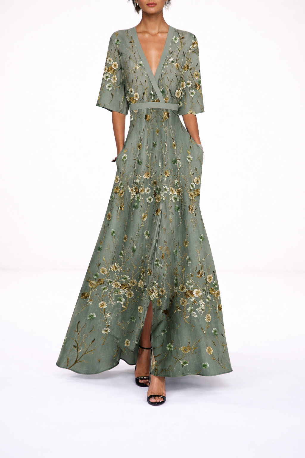 Plunge V-Neck Kimono Sleeve Floral Belted High Slit Maxi Dress