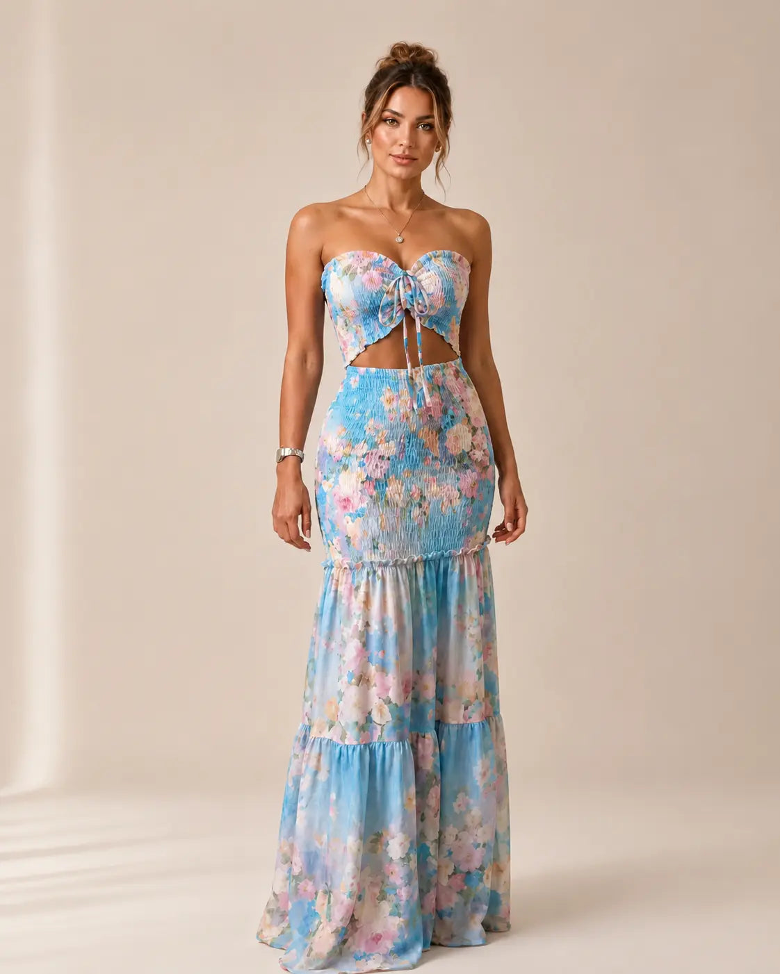 Strapless Sweetheart Smocked Floral Butterfly Cutout Tiered Mermaid Maxi Dress 6