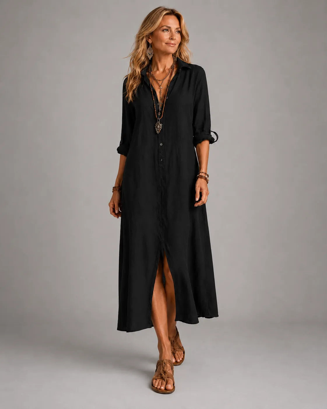 Button Front Collared Long Sleeve Side Slit Shirt Maxi Dress 7
