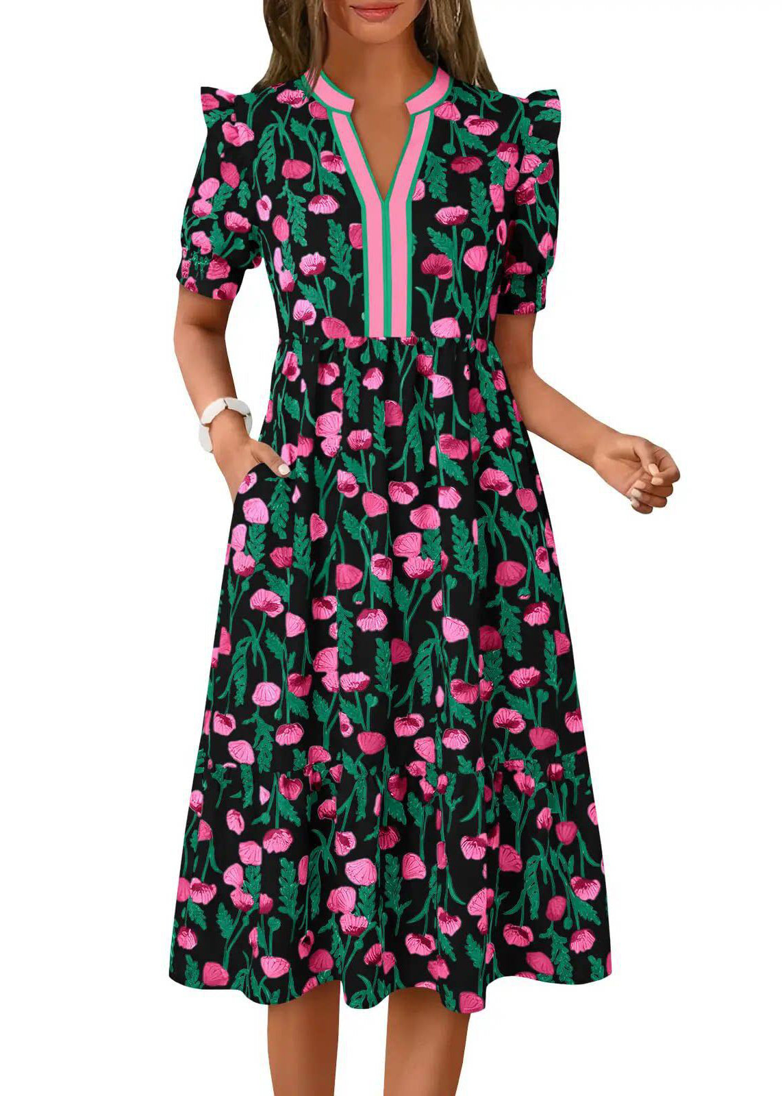 Chic Black Puff Sleeve Ruffled Print Cotton Dress