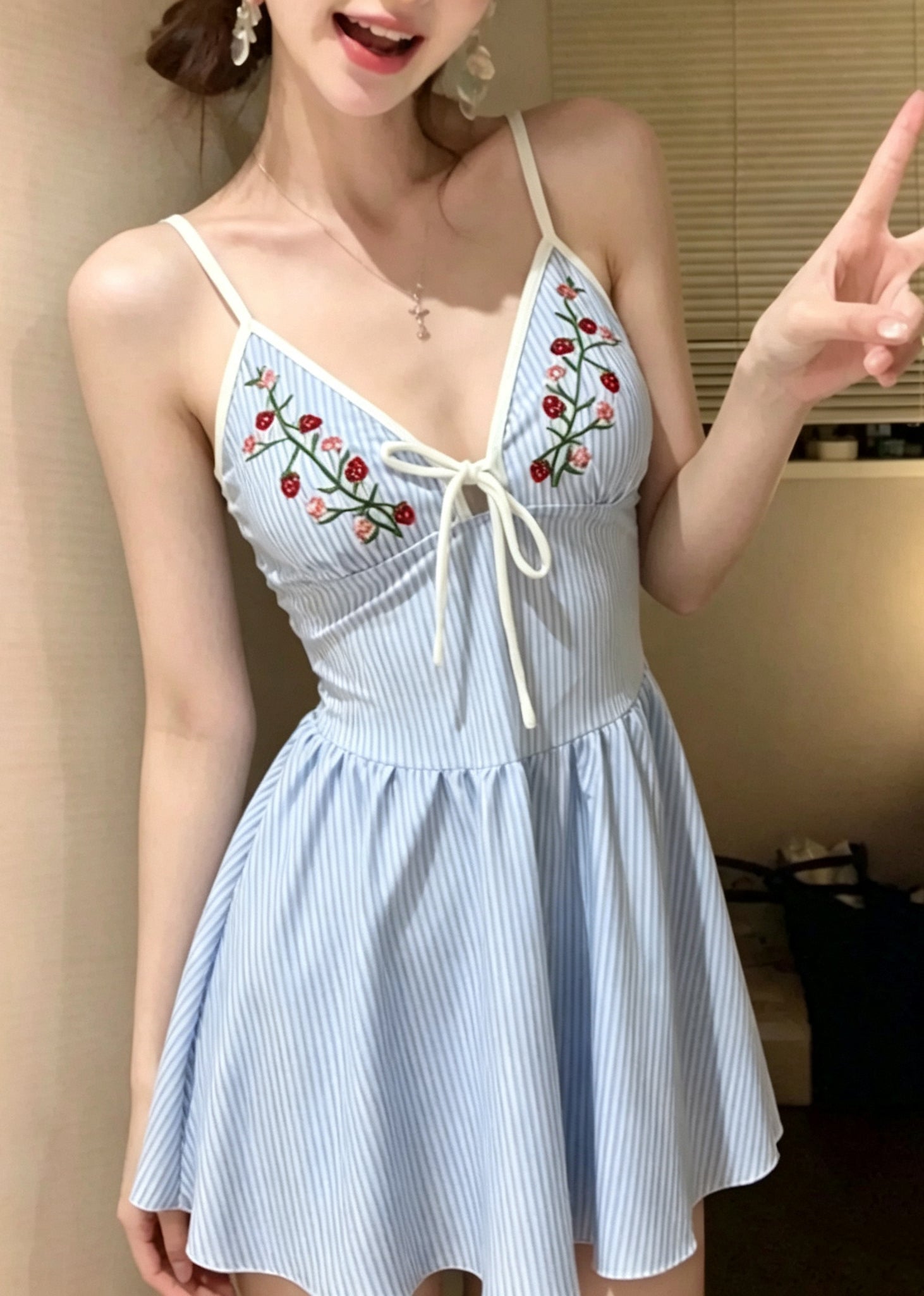Chic Blue Striped Embroideried Swiming Dress Bodysuits
