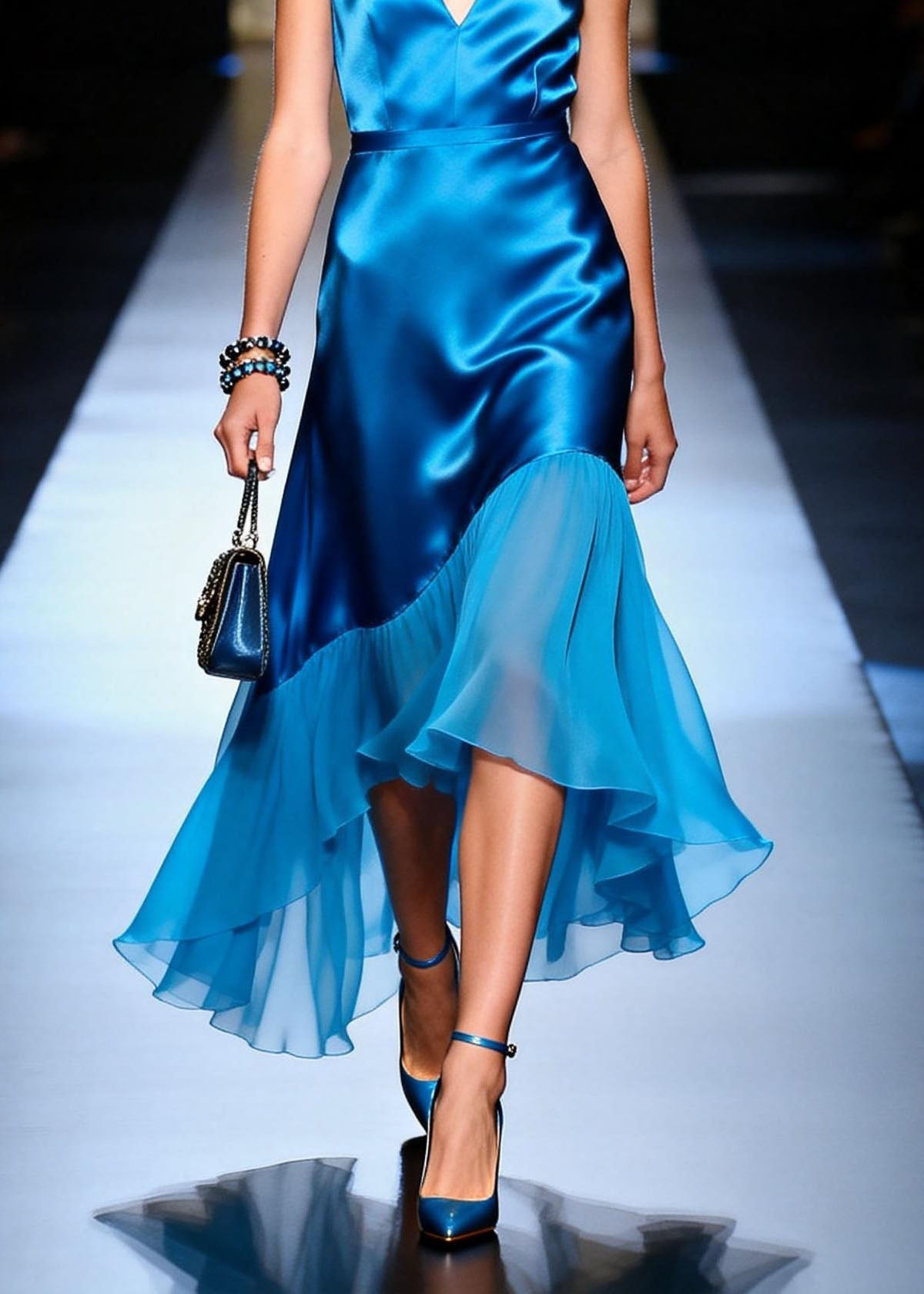 Chic Blue V Neck Asymmetrical Patchwork Silk Dress Sleeveless