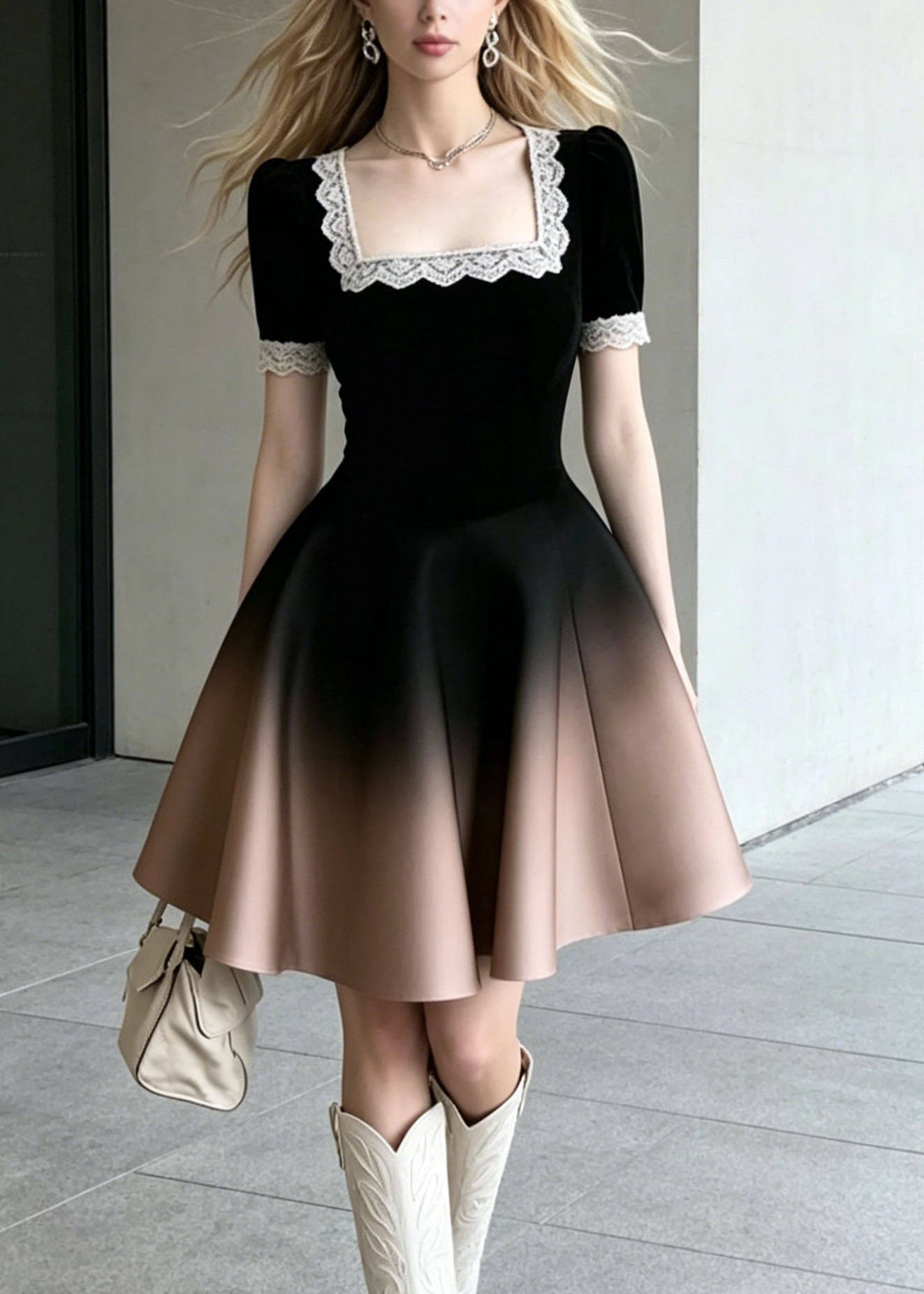 Chic Gradient Color Square Collar Lace Patchwork Cotton Dress Summer