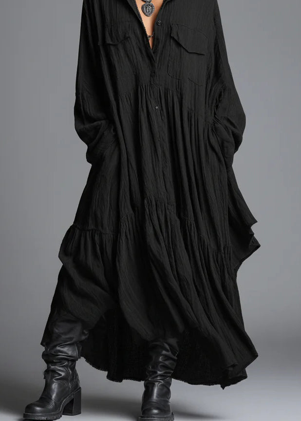 Chic Grey Peter Pan Collar Wrinkled Patchwork Cotton Dress Long Sleeve