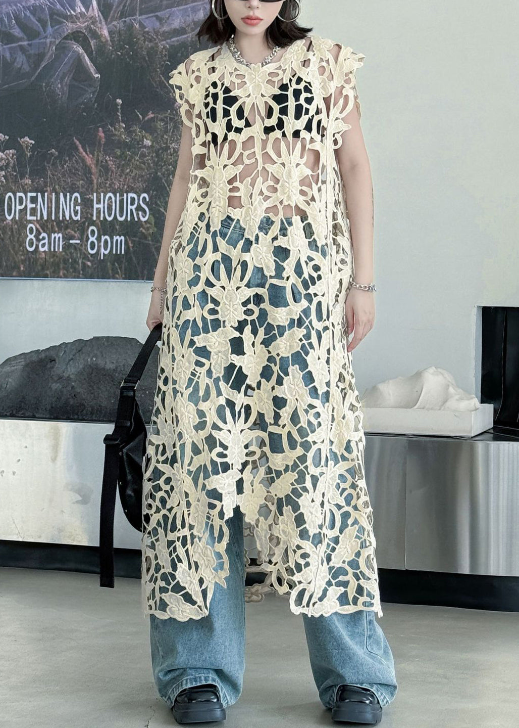 Chic Sexy Khaki O Neck Hollow Out Lace Long Dress Summer