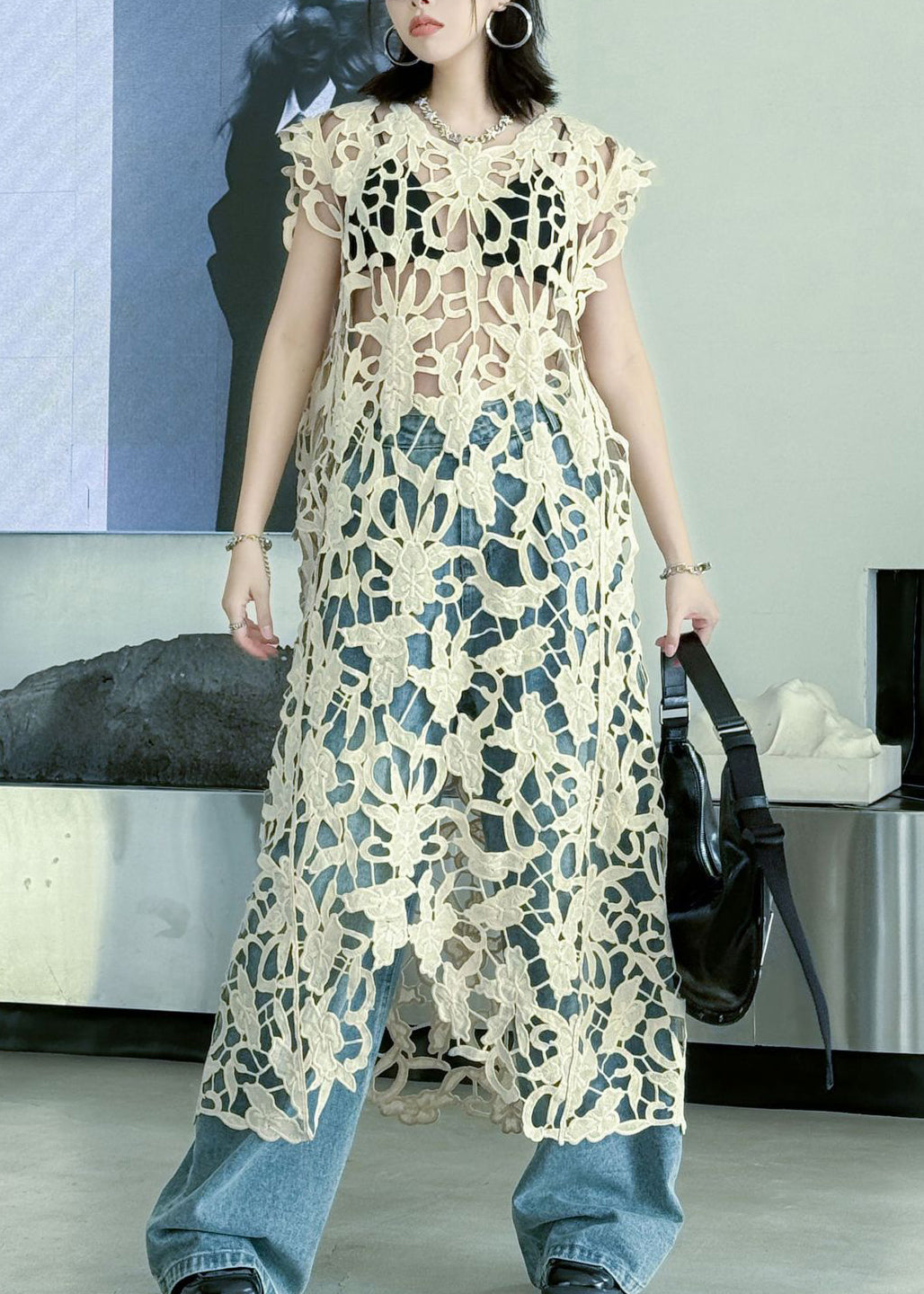 Chic Sexy Khaki O Neck Hollow Out Lace Long Dress Summer