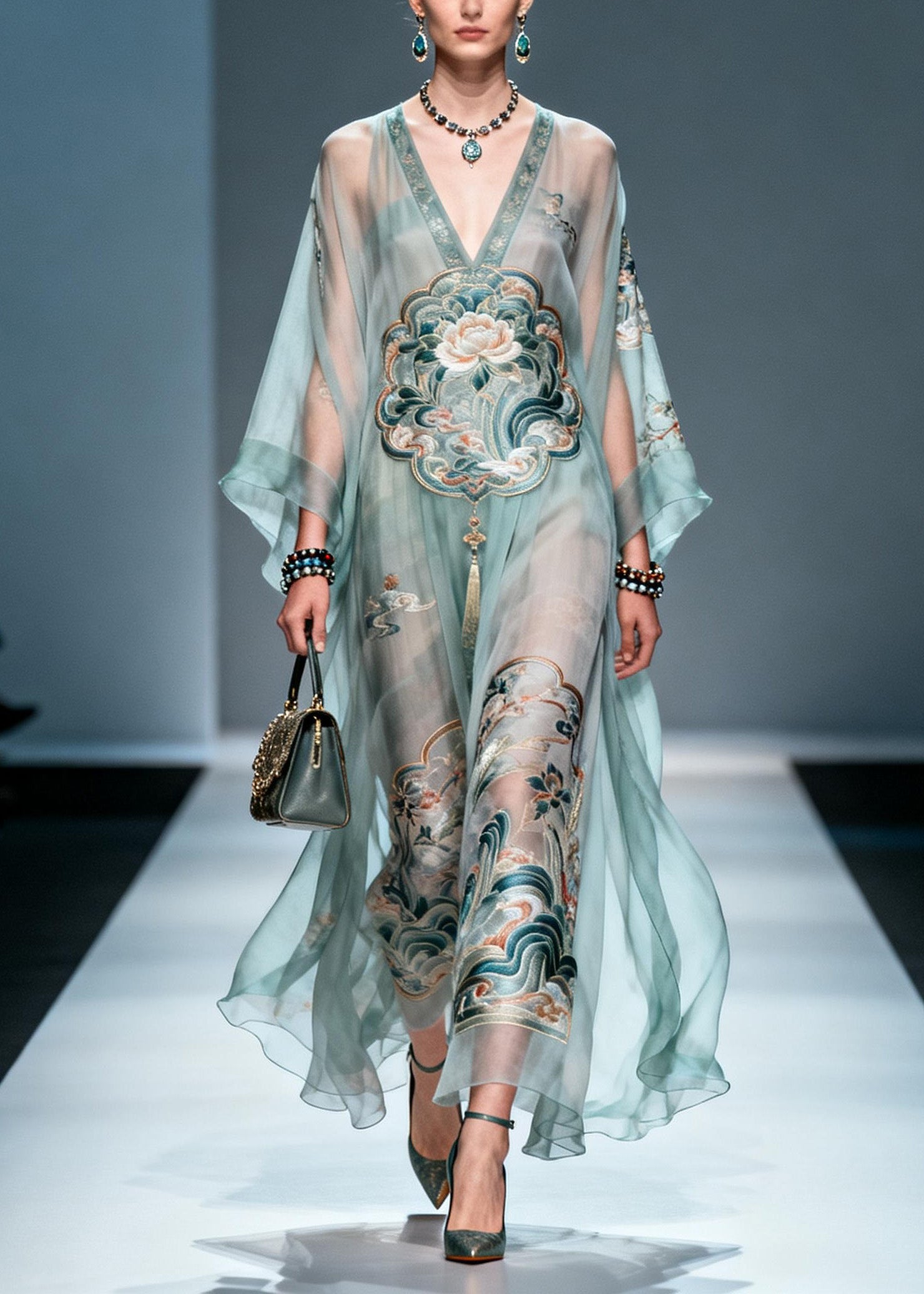Chic V Neck Print Loose Chiffon Long Dress Spring