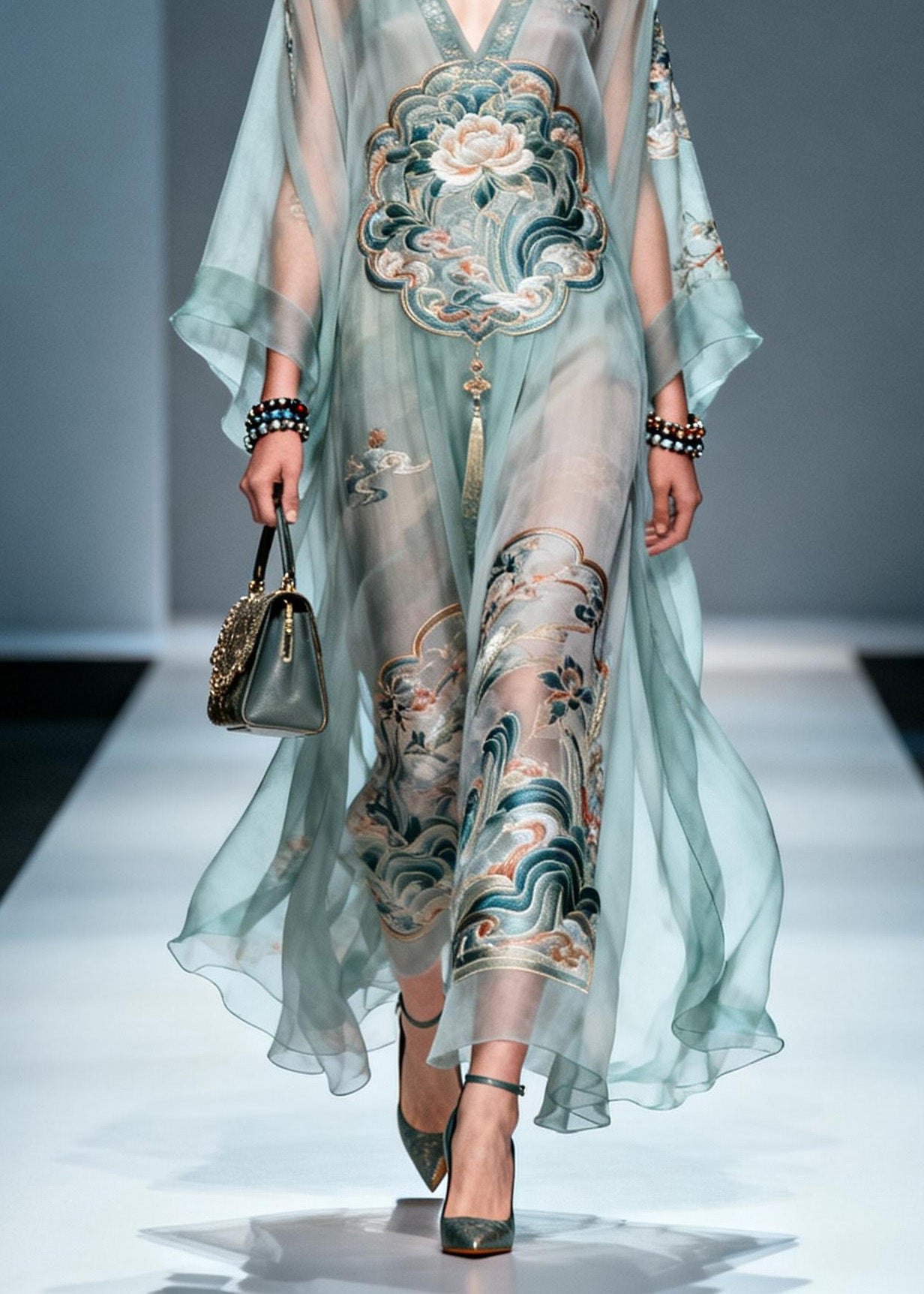 Chic V Neck Print Loose Chiffon Long Dress Spring