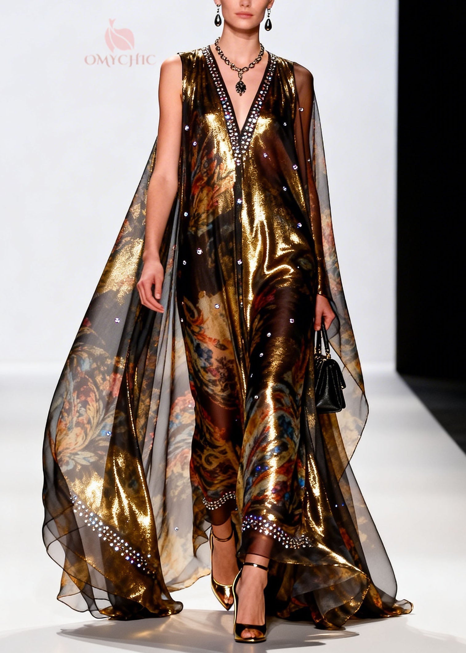 Chic V Neck Print Zircon Chiffon Long Dresses Summer