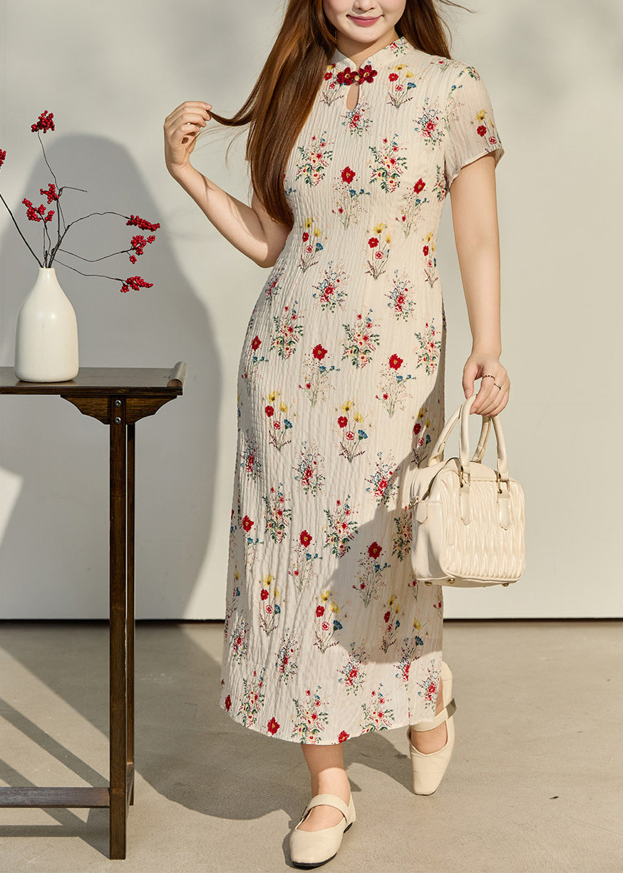 Chinese Style Apricot Print Wrinkled Chiffon Long Dresses Summer