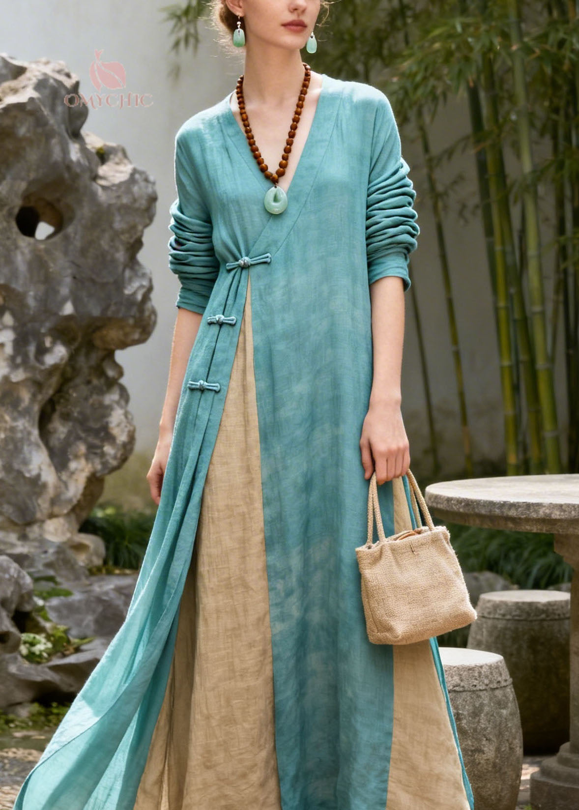 Chinese Style Colorblock V Neck Patchwork Cotton Dress Summer