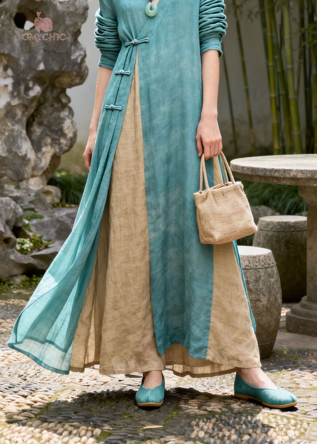 Chinese Style Colorblock V Neck Patchwork Cotton Dress Summer