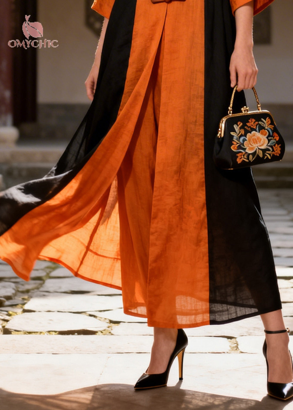 Chinese Style Orange Patchwork Chinese Button Cotton Dress Summer