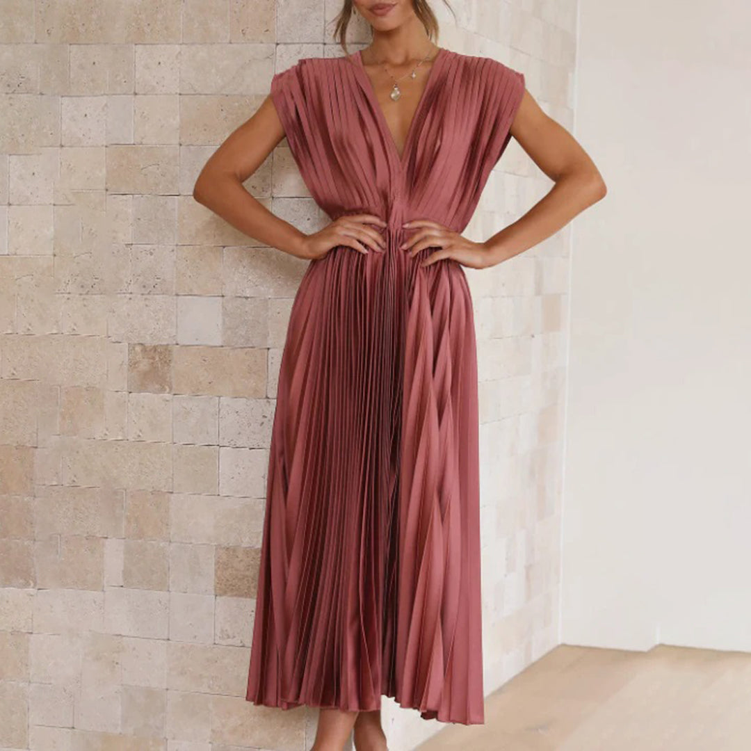 Mertxe Elegant V-neck Pleated Maxi Dress for Women Sophisticated Look