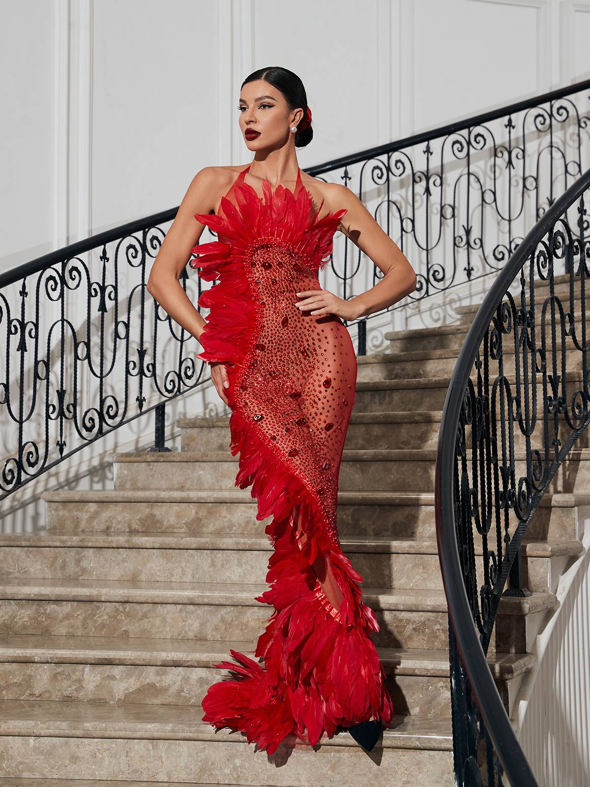 Embellished Mesh Feather Maxi Dress In Red