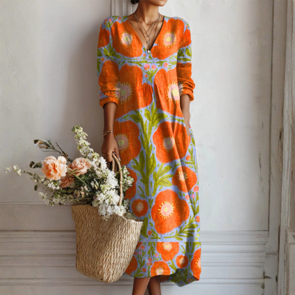 Multicolor V-Neck Floral Print Long Sleeve Shift Midi Dress