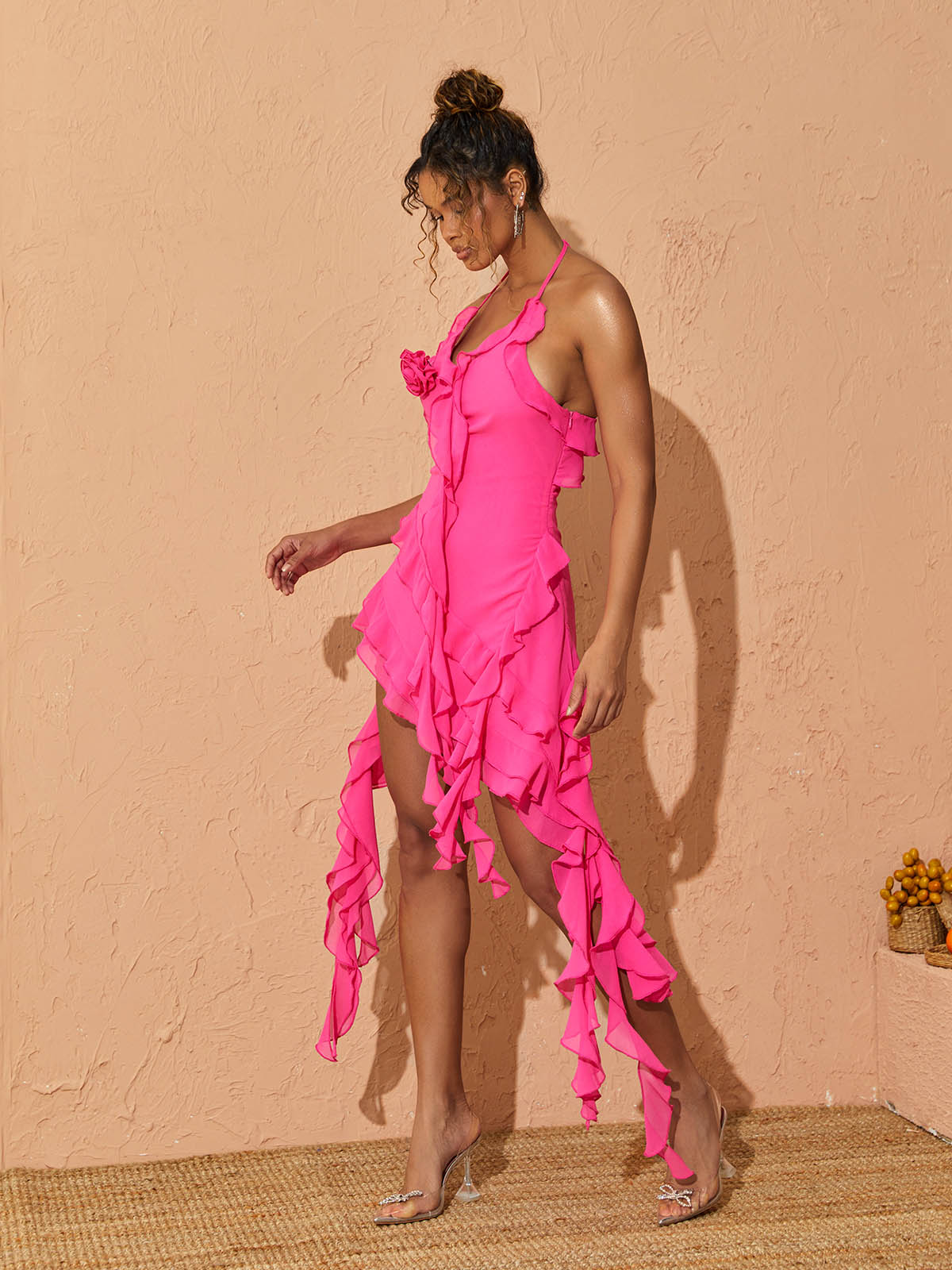 Halter Neck Rosette Chiffon Ruffle Asymmetric Hem Mini Dress