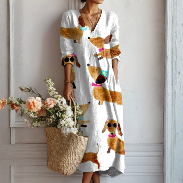 Multicolor V-Neck Dachshund Dog Print Long Sleeve Linen Shift Maxi Dress