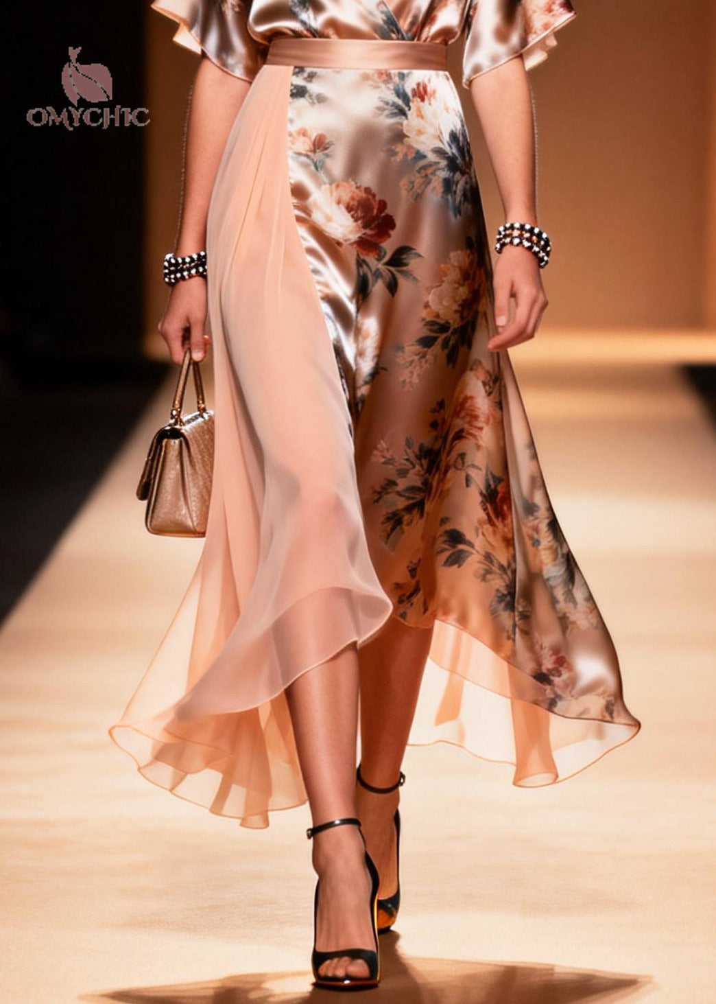 Classy Apricot Asymmetrical Patchwork Print Chiffon Long Dress Summer