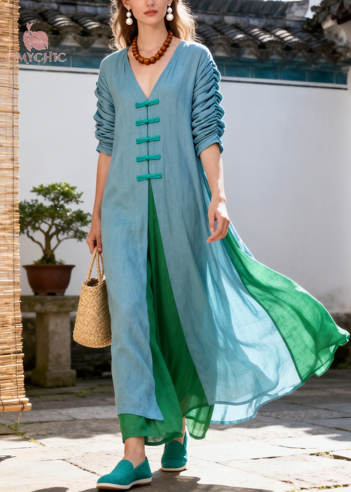Classy Blue V Neck Patchwork Chinese Button Cotton Robe Dresses Summer