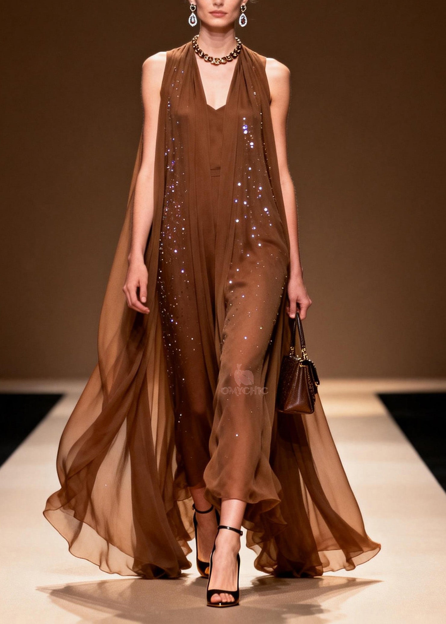 Classy Coffee V Neck Zircon Chiffon Robe Dresses Sleeveless