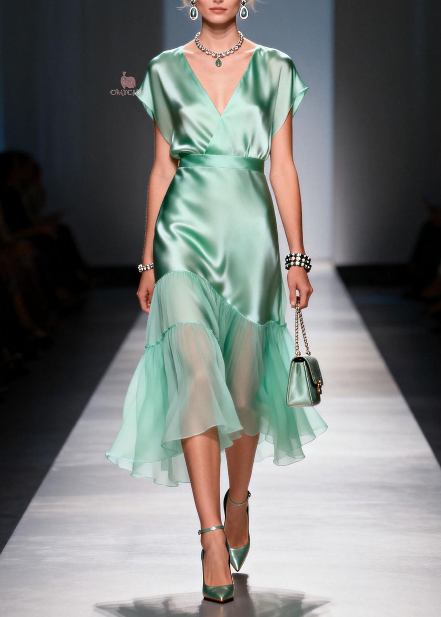 Classy Light Green V Neck Asymmetrical Patchwork Silk Dresses Summer