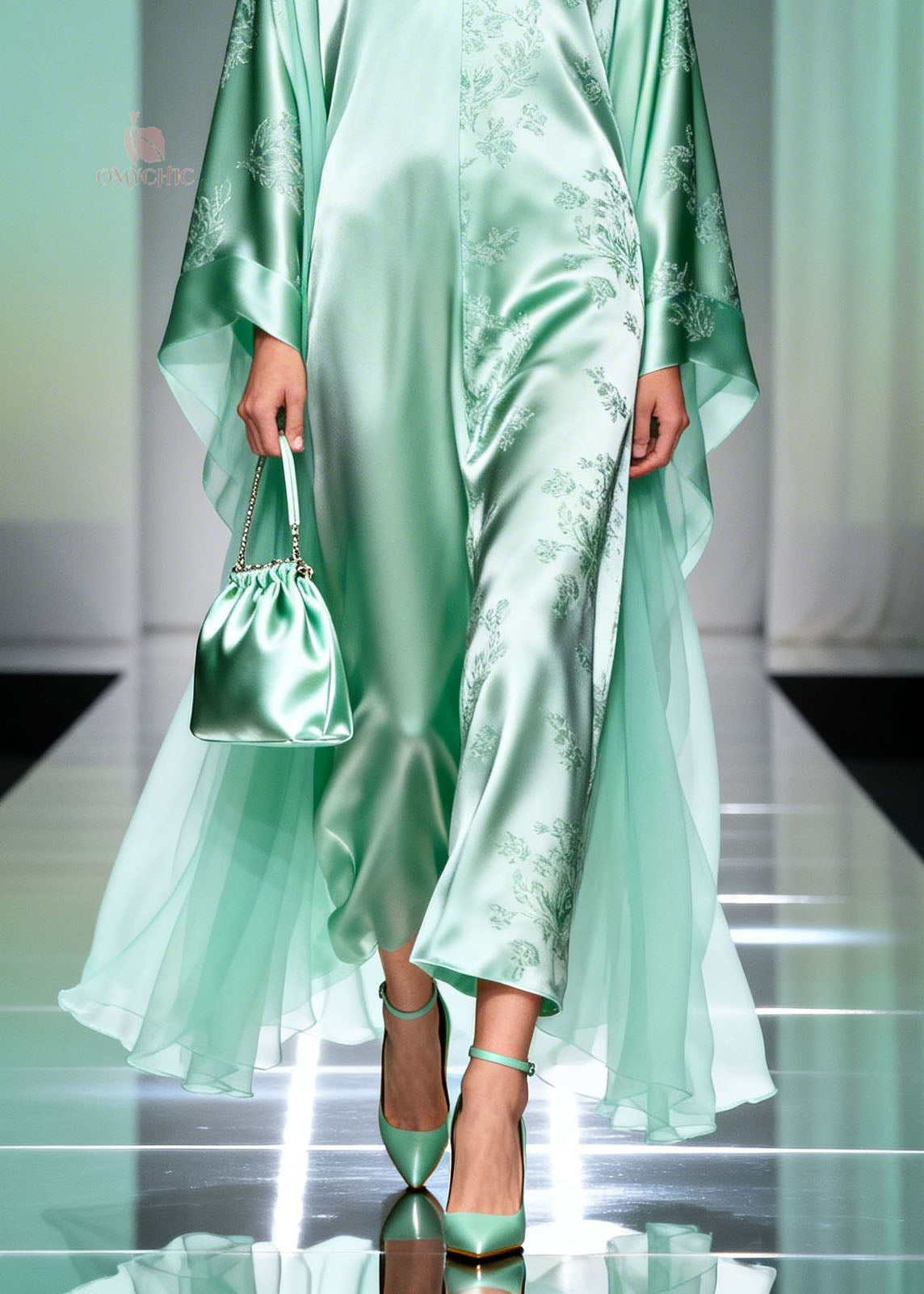 Classy Light Green V Neck Print Silk Long Dress Spring