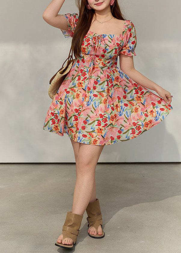 Classy Red Cold Shoulder Print Cotton Vacation Dress Summer