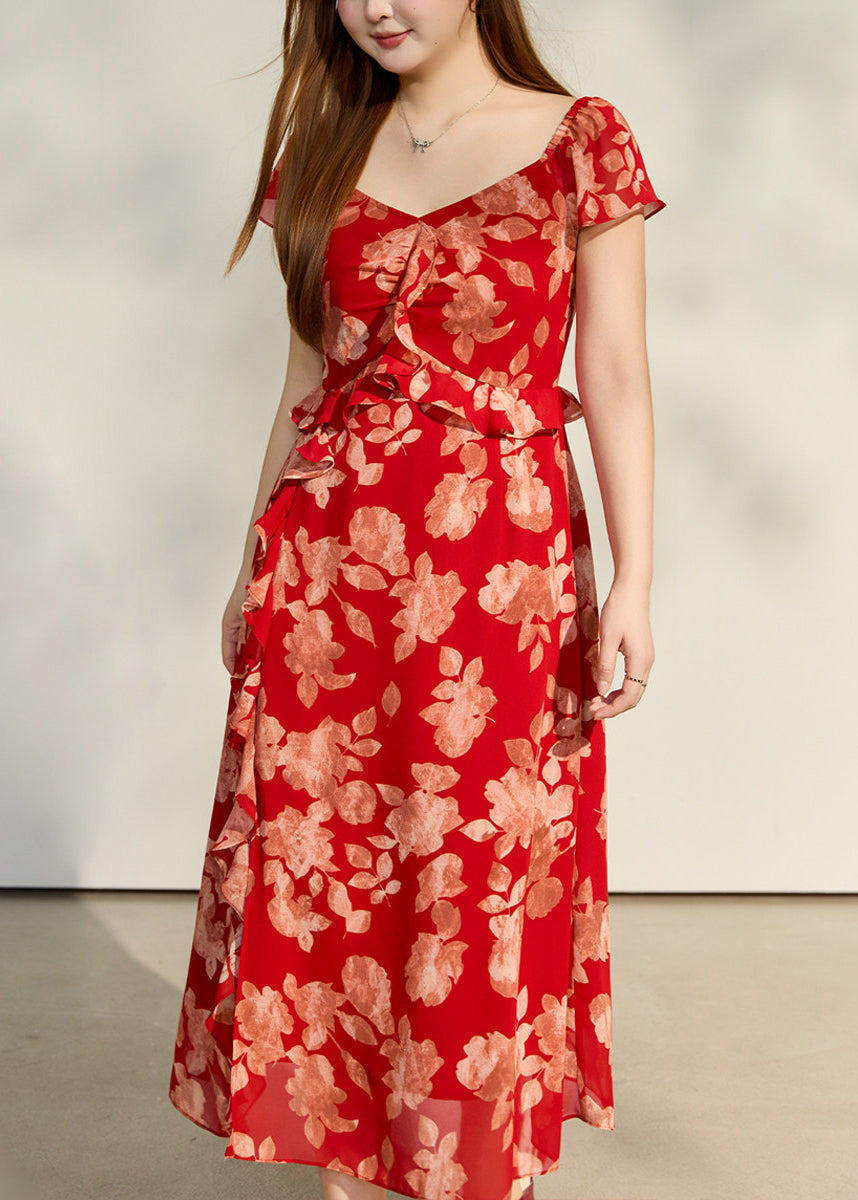 Classy Red Ruffled Print Chiffon Holiday Dress Summer