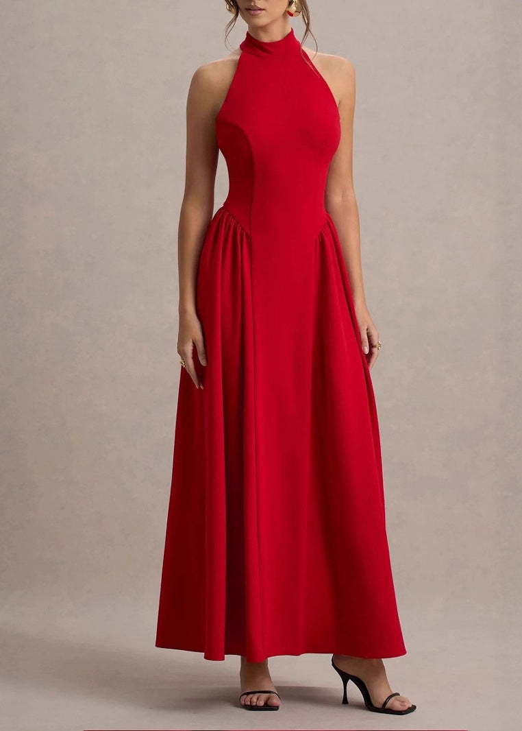 Classy Red Wrinkled Patchwork Cotton Maxi Dresses Sleeveless