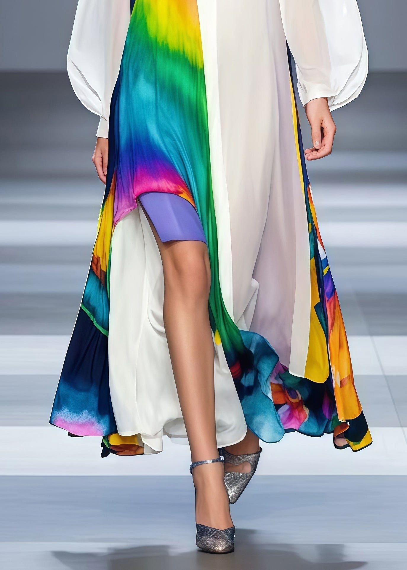Classy White Asymmetrical Patchwork Tie Dye Chiffon Long Dress Spring