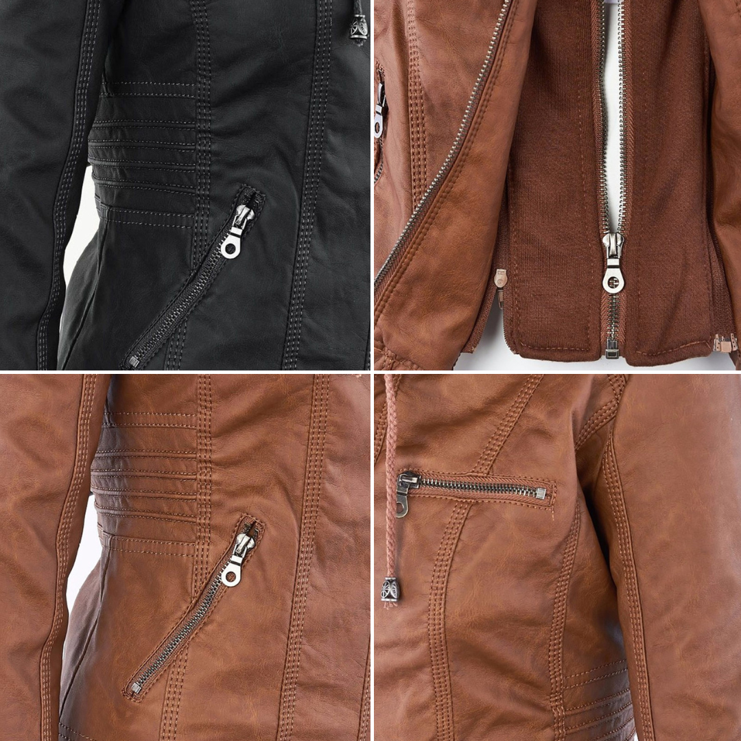 Hooded Zip Front Faux Leather Moto Biker Jacket