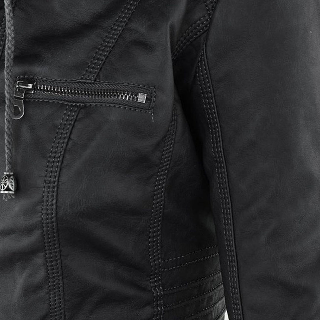 Hooded Zip Front Faux Leather Moto Biker Jacket