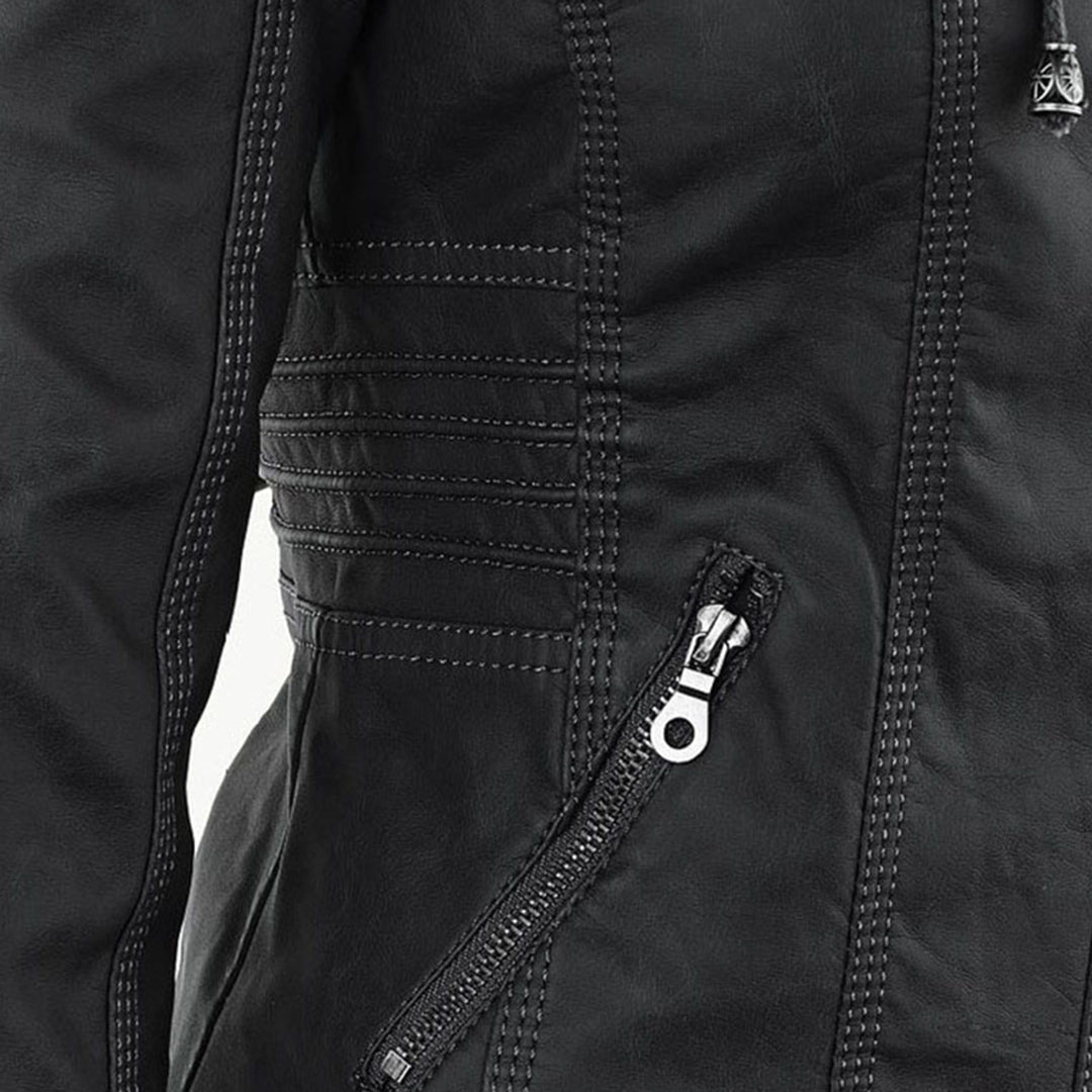 Hooded Zip Front Faux Leather Moto Biker Jacket