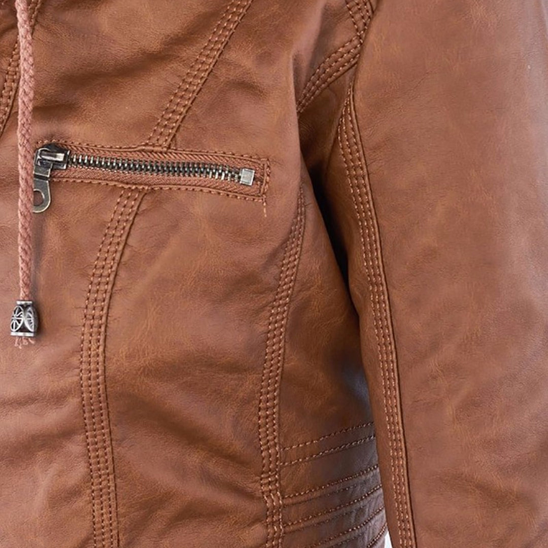 Hooded Zip Front Faux Leather Moto Biker Jacket