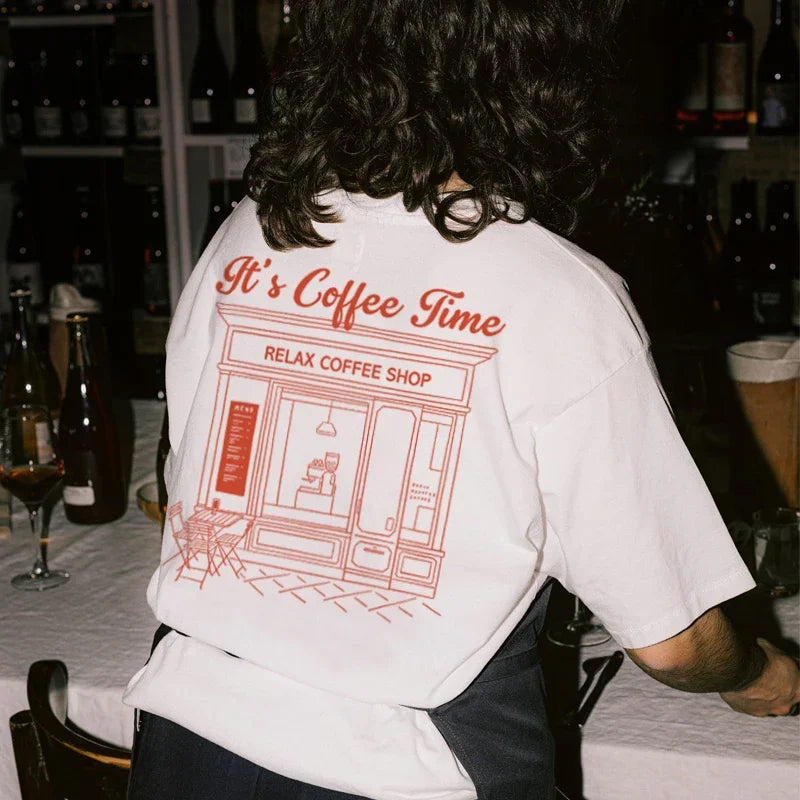 Coffee Time Retro Back Print T-shirt WHITE / S t-shirt-250223