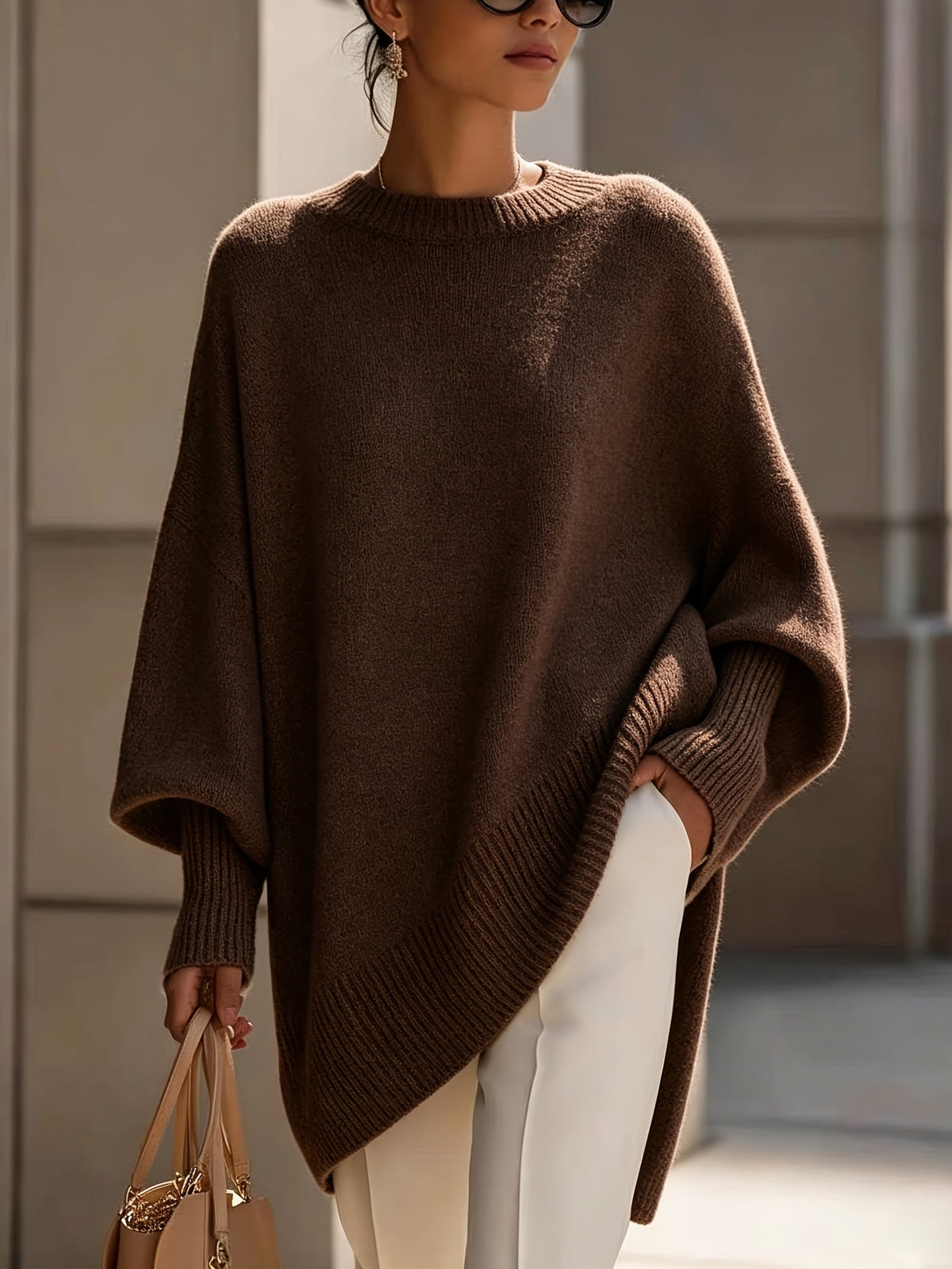 Mock Neck Drop Shoulder Asymmetric Hem Oversized Knit Sweater 9
