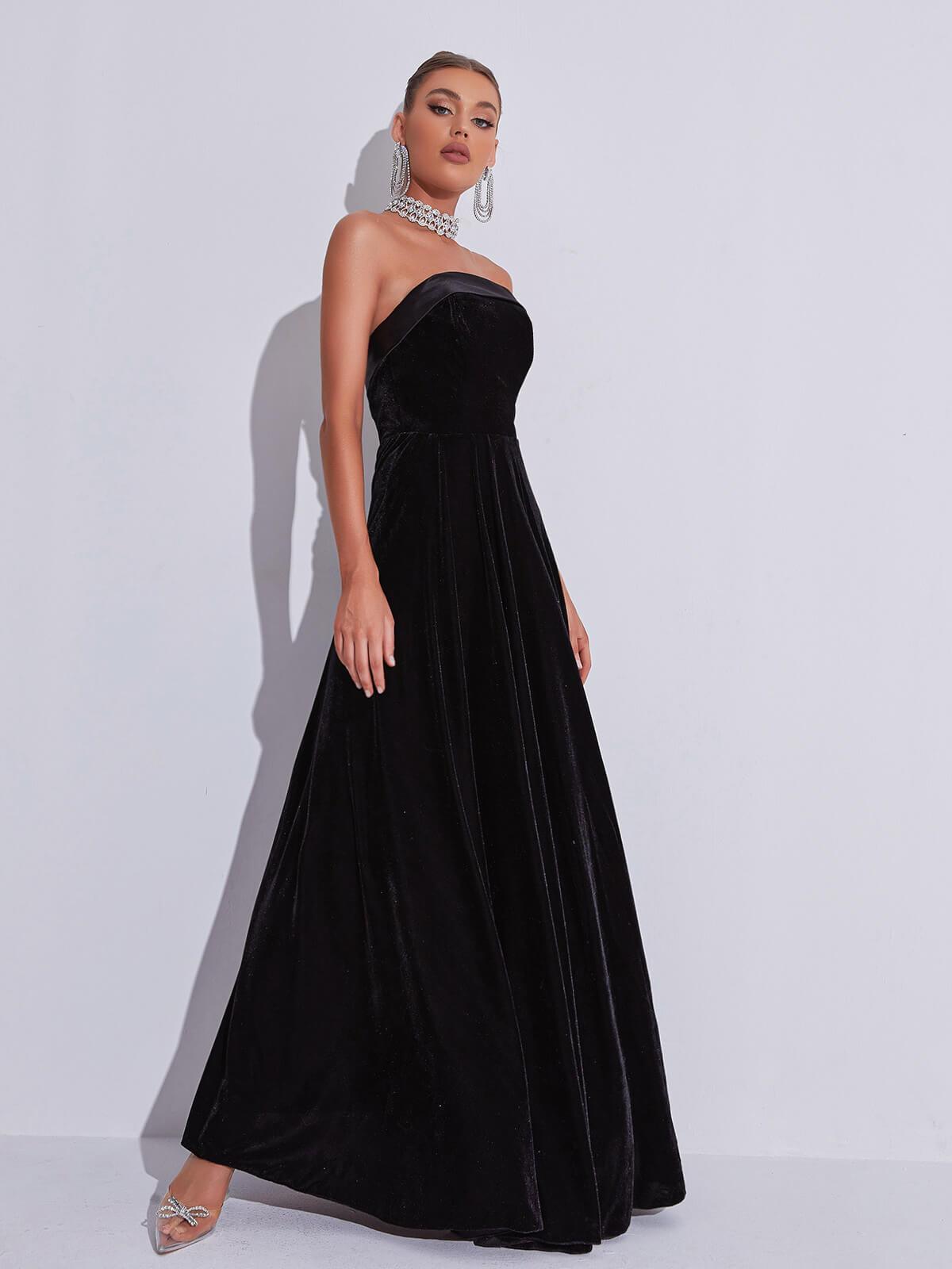 Strapless Velvet Pleated A-Line Maxi Gown