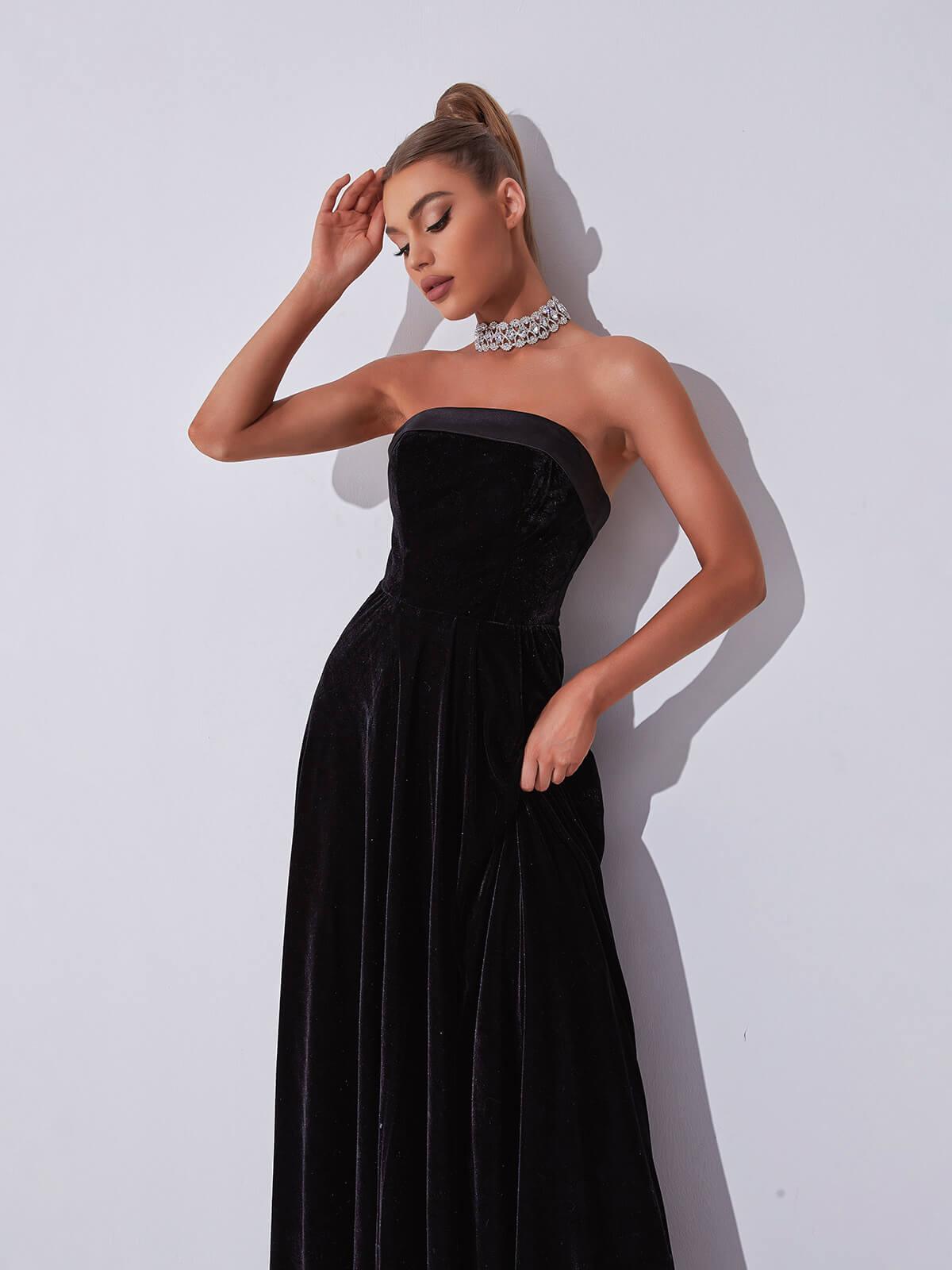 Strapless Velvet Pleated A-Line Maxi Gown