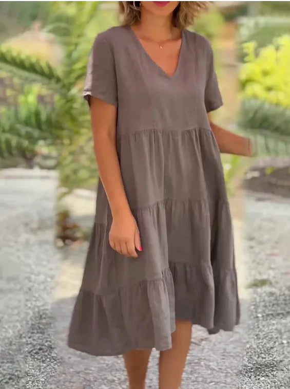 VNeck Cotton Linen Casual Swing Midi Dress