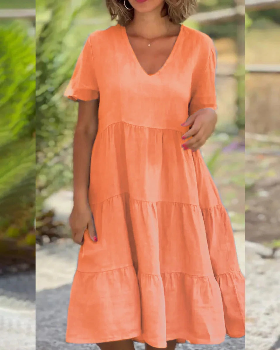 VNeck Cotton Linen Casual Swing Midi Dress