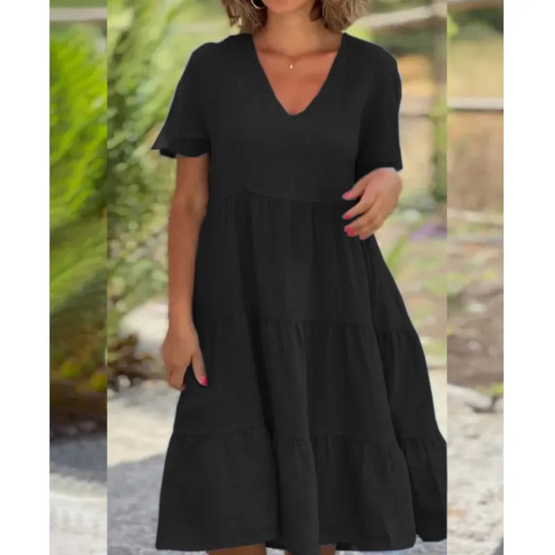VNeck Cotton Linen Casual Swing Midi Dress