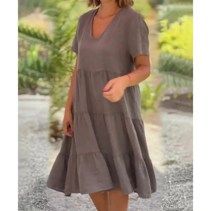 VNeck Cotton Linen Casual Swing Midi Dress