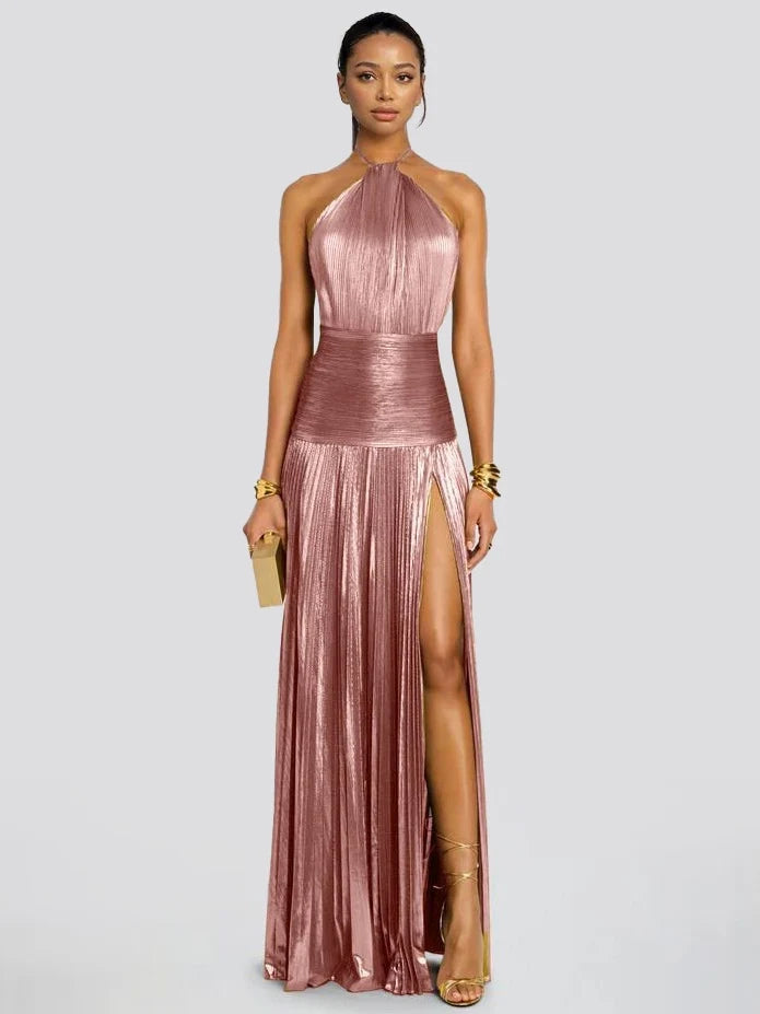 Halter Neck Metallic Pleated High Slit A-Line Gown 2
