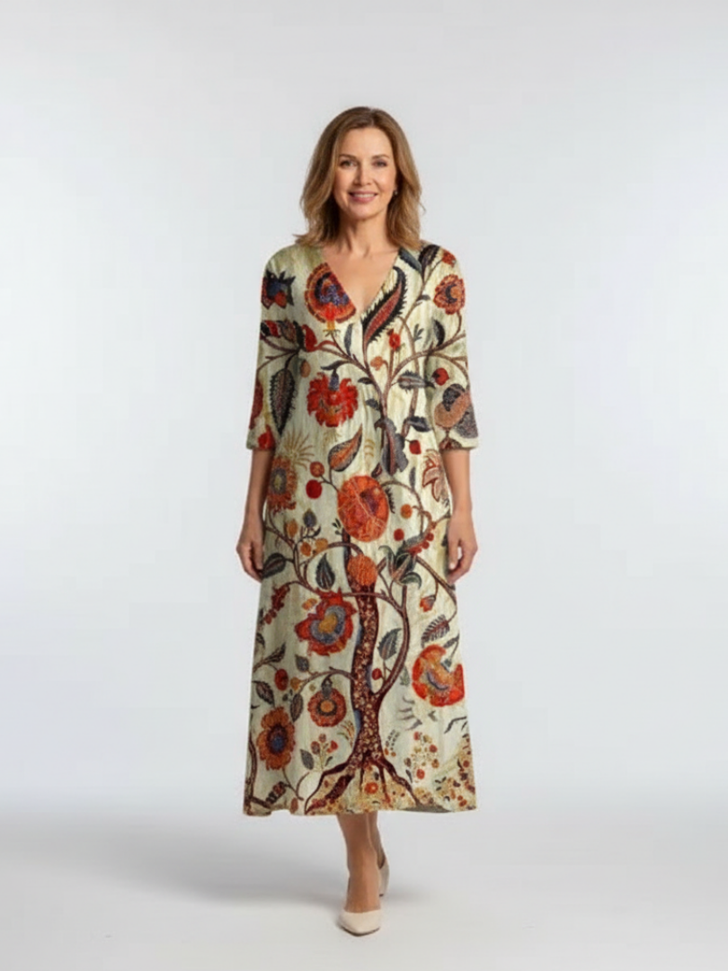 Floral V-Neck Floral Three Quarter Sleeve A-Line Midi Dress