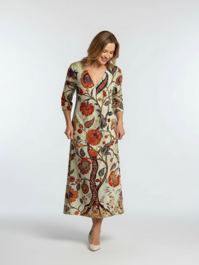 Floral V-Neck Floral Three Quarter Sleeve A-Line Midi Dress