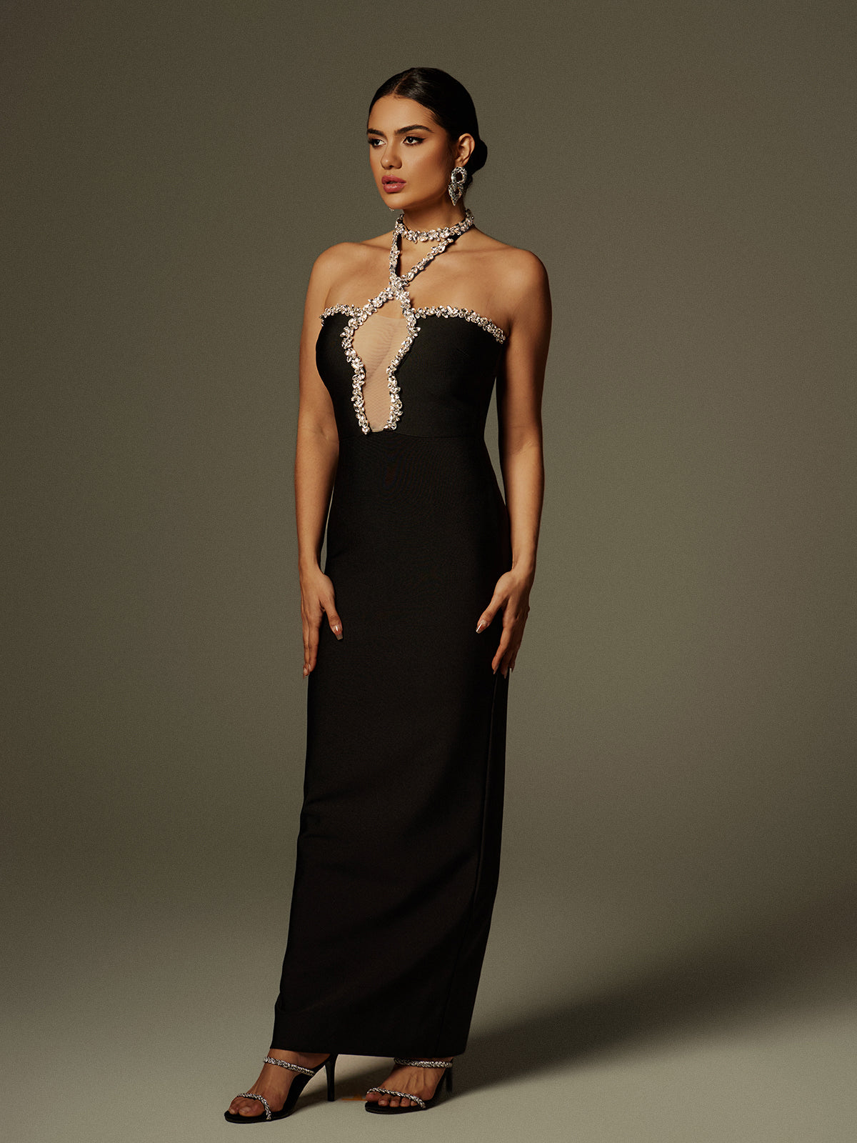 Halterneck Rhinestone Bandage Maxi Dress