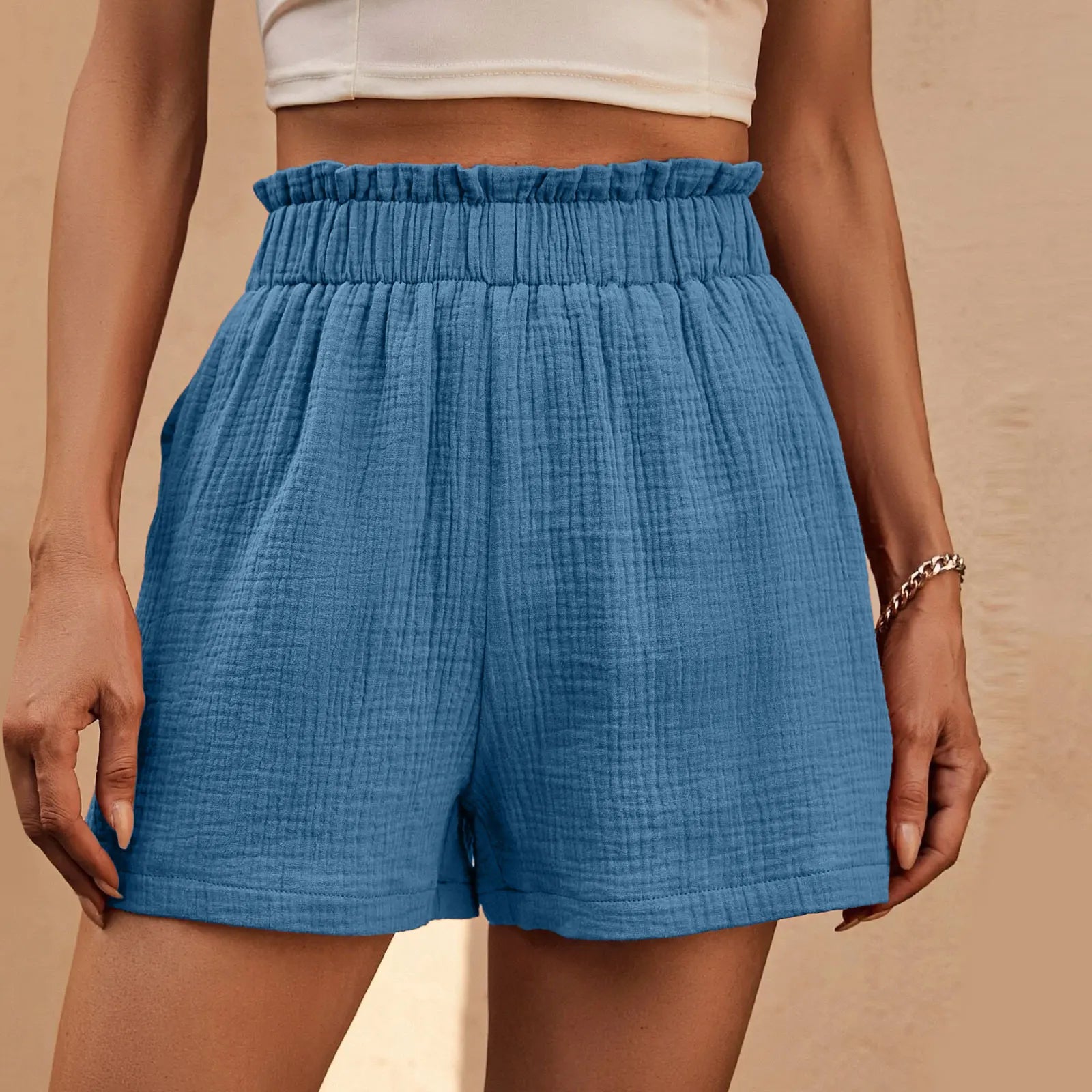 Cotton Double Layered Pleats Hem Straight Leg High Waist Sports Short Sky Blue / S