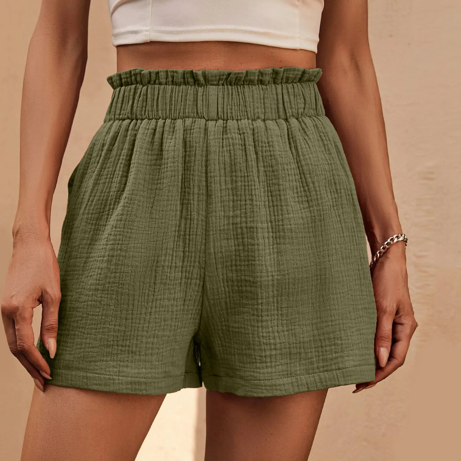 Cotton Double Layered Pleats Hem Straight Leg High Waist Sports Short Green / S